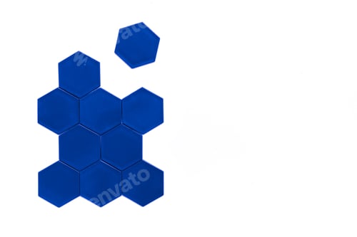 Preview: Blue Hexagons Form A Beehive On A White Background. One Hexagon Is Separated From The Figure. The