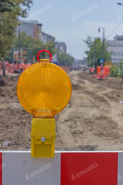 Preview: Yellow Warning Light On Construction Barrier Sign, Street Reconstruction Sign