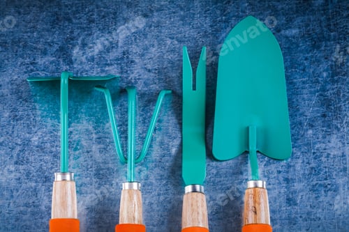 Preview: Gardening Tooling On Scratched Metallic Background Agriculture Concept.