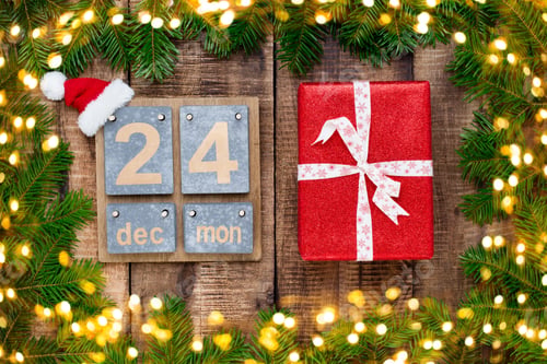 Preview: Christmas Greeting Card. Festive Decoration On Wooden Background. New Year Concept. Copy Space