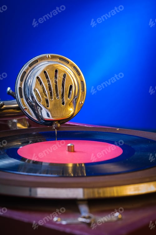 Preview: Old Gramophone On Blue Background Very Close Up