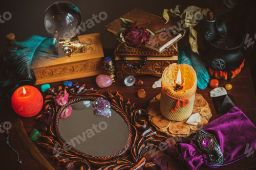 Preview: A Fortune Teller, Witch Stuff On A Table, Candles And Fortune-Telling Objects. The Concept Of