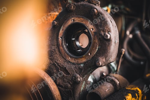 Preview: Rusty Old Abandoned Motor. Rusty Broken Motor. Rusty Tractor Motor Closeup. Industrial Photography.