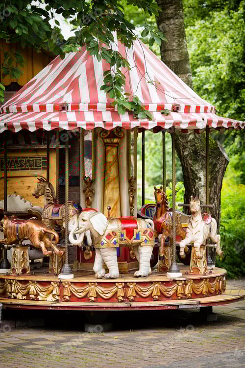 Preview: Carousel In A Holiday Park. Old Vintage Animals.