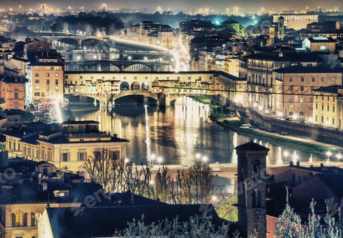 Preview: Stunning Aerial Night View Of Ponte Vecchio, Firenze. Old Bridge And Lungarni In Florence, Tuscany
