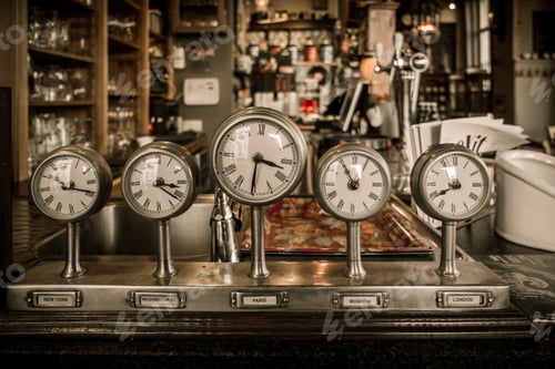 Preview: Vintage Clocks On A Bar Counter In A Pub