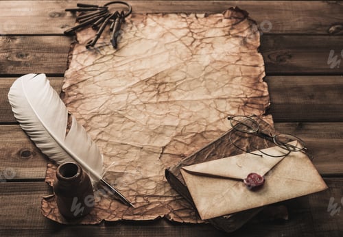 Preview: Writing Accessories And Bunch Of Rusty Keys On A Vintage Paper
