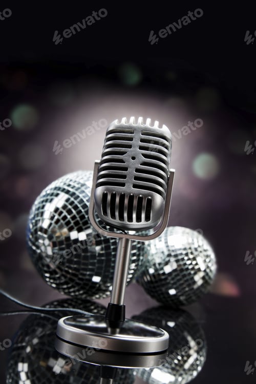 Preview: Professional Silver Microphone On A Black Glossy Background