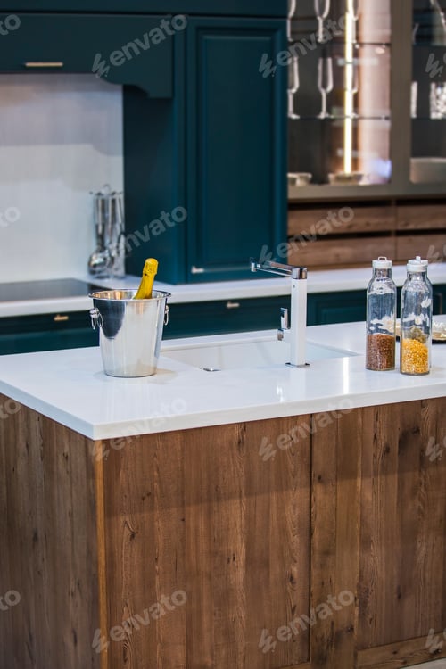 Preview: Marble Granite Top Kitchen Island With Sink And Accessories. Modern Minimalistic Wooden Kitchen