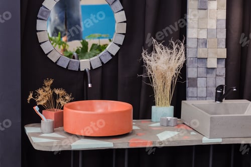 Preview: Bowl-Shaped Concrete Sink, Orange Cement Sink, Black Faucet, Wall Mirror, Original Bathroom.