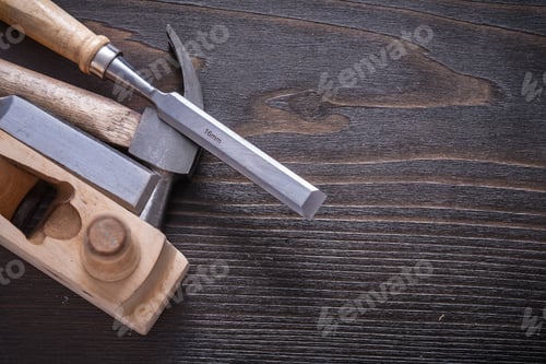 Preview: Horizontal Version Of Claw Hammer Shaving Plane And Chisels On Vintage Wooden Board Construction