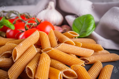 Preview: Concept Of Traditional Italian Pasta With Tomatoes And Basil
