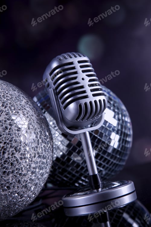 Preview: Professional Silver Microphone On A Black Glossy Background