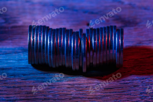 Preview: Coins. Abstract Background Of Street Cyber Neon Colors In Dark Or Low Key.
