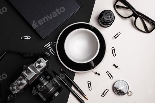 Preview: Set Of Black Identity Elements And Cup On Black And White Paper Background. Branding Mockup