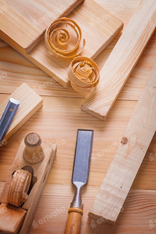 Preview: Woodworking Tools Plane Chisels Wooden Planks And Shavings