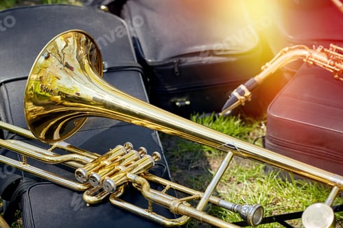 Preview: Several Wind Instruments, Orchestral Trumpets, A Tambourine And Saxophone Lie In A City Garden On