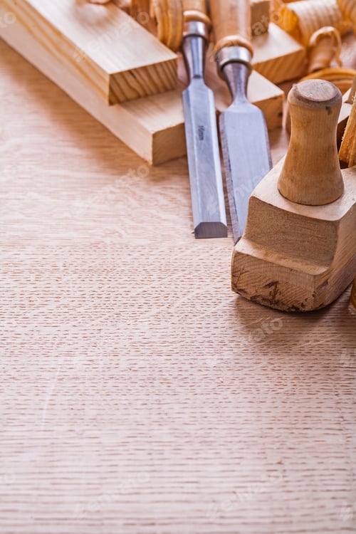 Preview: Copsypace Image Carpentry Chisels Wooden Planks Shavings Plane Vertical View Construction Concept