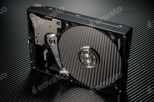 Preview: Inside Of Hard Disk Drive On The Carbon Background.