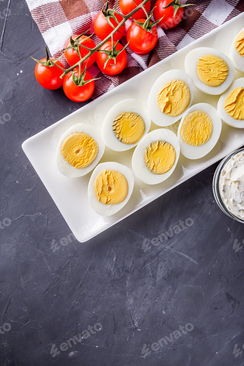 Preview: Boiled Chicken Eggs On A Dark Stone Background