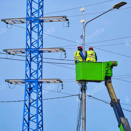 Preview: Uniformed Electricians Repairing Electrical Wires On A High Pole