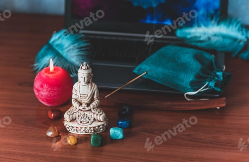 Preview: Meditation Still Life with Statue, Candle, and Crystals