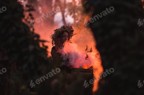 Preview: Woman Sitting In Burning Pentagram Circle, Magic