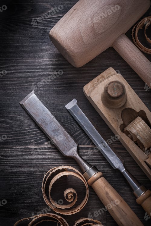 Preview: Flat Chisels Planer Lump Hammer Planning Chips On Wooden Board.