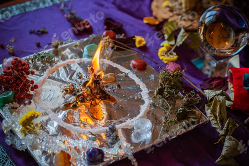 Preview: Candle Burns A Herb On The Altar, Magic Among Candles, Clean Negative Energy, Wicca Concept