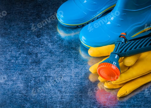 Preview: Waterproof Rubber Boots Leather Safety Gloves And Garden Pistol.