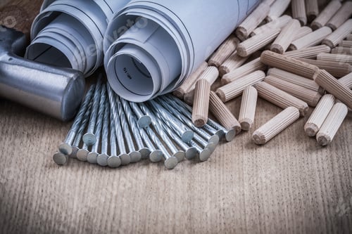 Preview: Construction Drawings Claw Hammer Pile Of Woodworking Dowels And Nails.