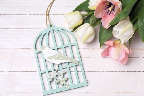 Preview: Fresh White And Pink Tulips And Decorative Bird Cage On White Painted Wooden Background. Selective