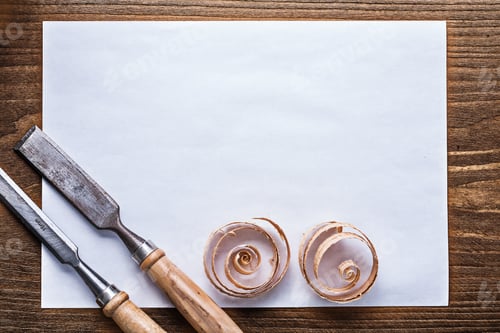 Preview: Blank Sheet Of Paper Wood Scobs Flat Chisels Construction Concept.
