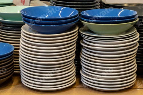 Preview: Plates And Utensils In A Self Service Store. Background