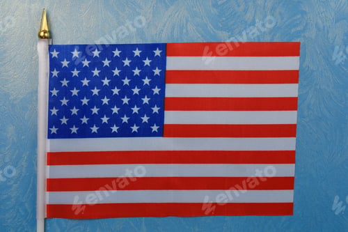 Preview: American Patriotic Little Flag Lies On The Table, Background.