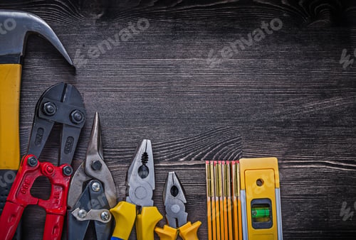Preview: Construction Tooling On Wooden Board Maintenance Concept.