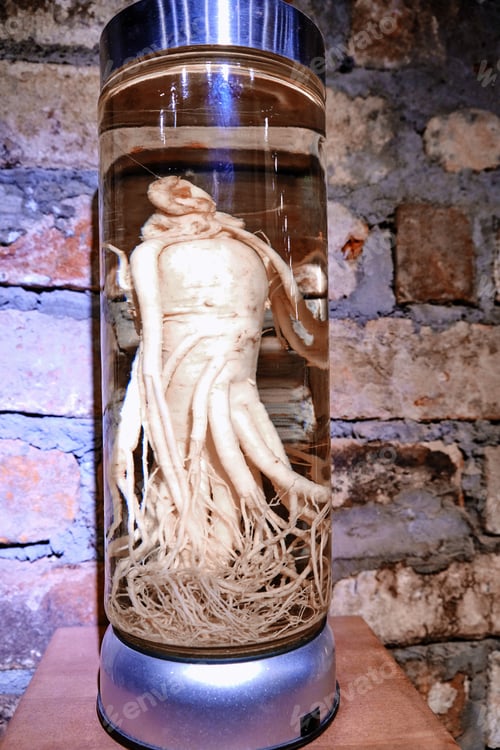 Preview: Ginseng Root In A Glass Jar Against A Brick Wall