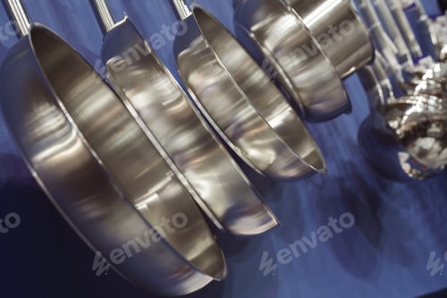 Preview: Pans And Ladles On The Blue Wall, Note Shallow Depth Of Field