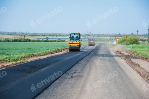 Preview: Workers On A Road Construction, Industry And Teamwork, New Asphalt