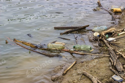 Preview: Plastic Bottles And Garbage Waste On The Shore Of A River. Selective Focus.