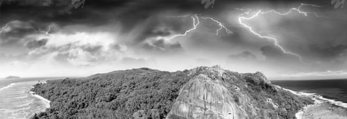 Preview: Panoramic Aerial View Of La Digue Island During A Storm In Black And White, Seychelles.