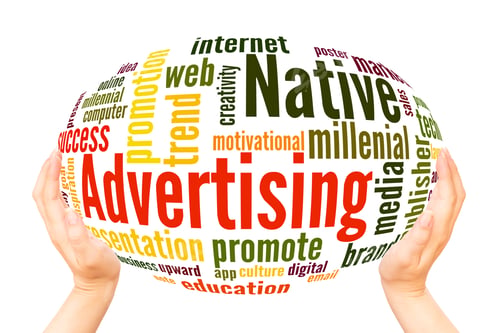 Preview: Native Advertising Word Cloud Hand Sphere Concept On White Background.