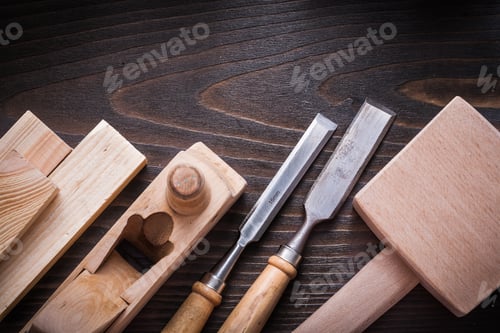 Preview: Lump Hammer Planer Firmer Chisels And Wooden Planks On Brown Hardwood Construction Concept.