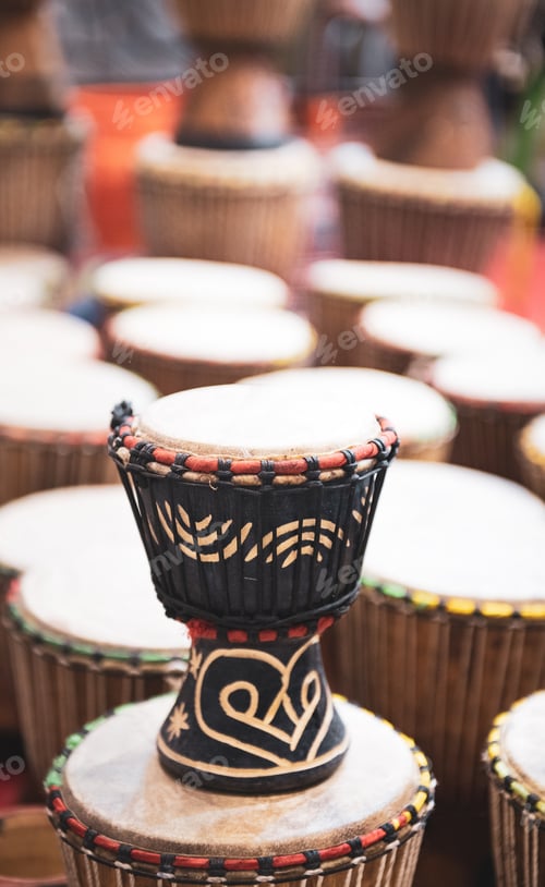 Preview: Close Up Of Djembe In A Shop, Selective Focus Of African Culture Traditional Musical Instrument