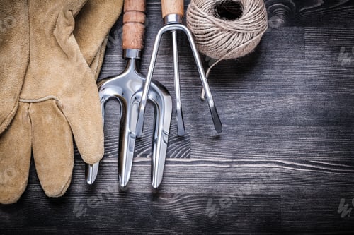Preview: Trowel Fork Rake Leather Gloves Hank Of Rope Gardening Concept.