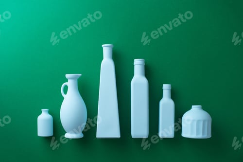 Preview: Colorful Painted Glass Bottles Organized In A Row Over Green Background