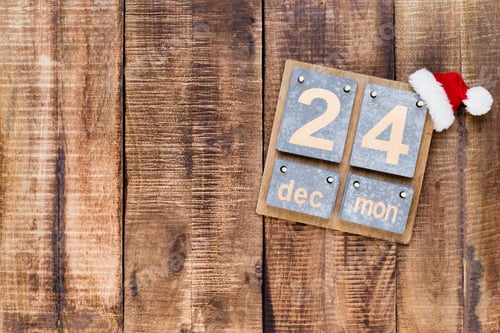 Preview: Christmas Greeting Card. Festive Decoration On Wooden Background. New Year Concept. Copy Space