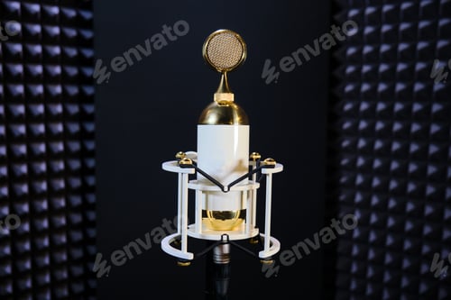 Preview: Condenser Microphone With A Wide Membrane. Microphone Of Gold And White Colors On The Background Of