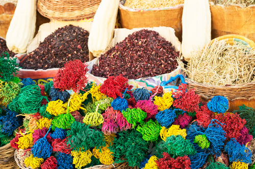 Preview: Condiment And Ingredient Concept. Dry Herb Hibiscus For Tea In Baskets. Arabic Herbs On Traditional