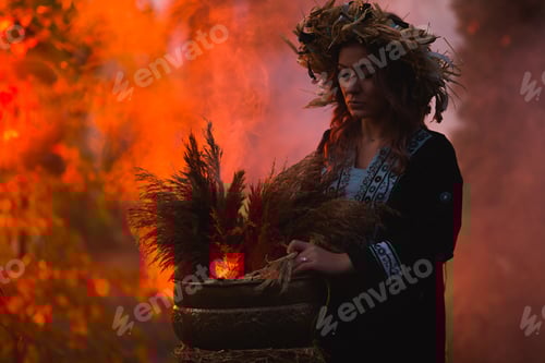 Preview: Woman Sitting In Burning Pentagram Circle, Magic